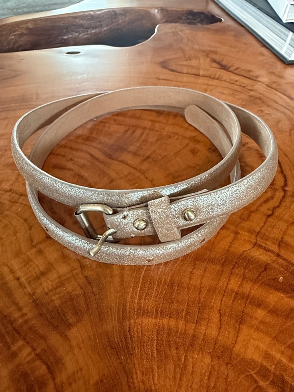 Ann Taylor Shimmery Beige Leather Slim Belt with Stud Buckle